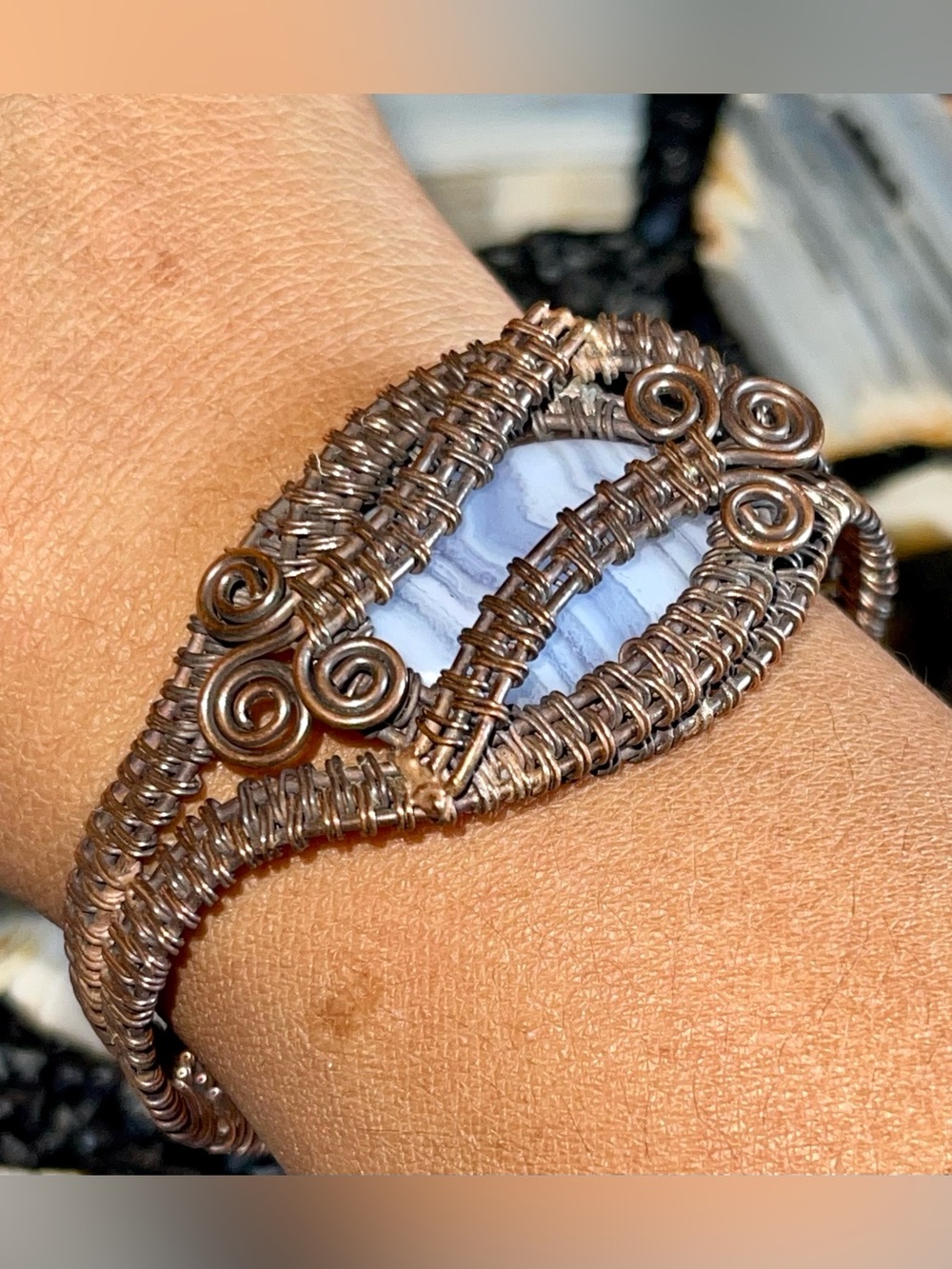Copper Wire-wrapped Blue Lace Agate Bracelet - Adjustable